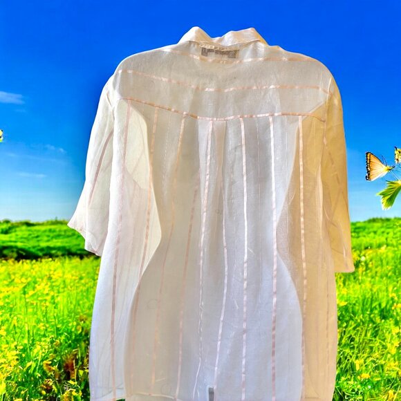 Perry Ellis SHEER SILK Blouse Pink Stripes Button Front Top Vtg 80's Womens 12 - Picture 2 of 11